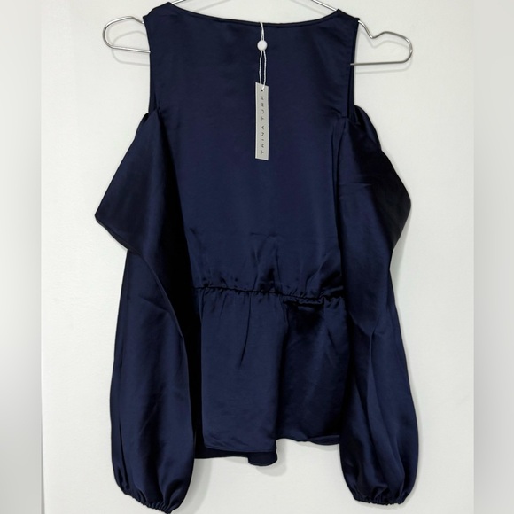 Trina Turk NWT Navy Milky Way Cold Shoulder Balloon Sleeve Satin Long Sleeve Top - Picture 4 of 6
